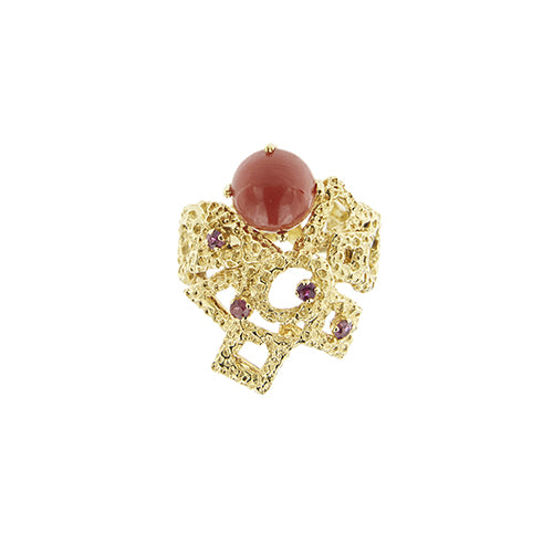 Bague Bague - Corail cabochon et rubis en or jaune 18 ct 58 Facettes 39754