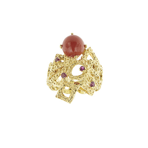 Bague Bague - Corail cabochon et rubis en or jaune 18 ct 58 Facettes 39754