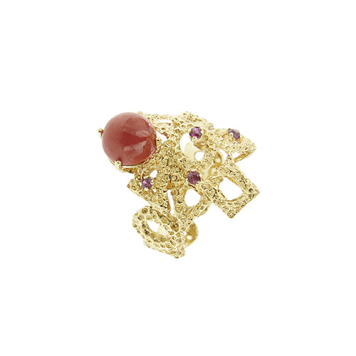 Bague Bague - Corail cabochon et rubis en or jaune 18 ct 58 Facettes 39754