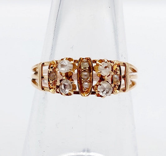 Bague 54.5 Bague chevalière victorienne en or rose 18k avec diamants et perles 58 Facettes A07048