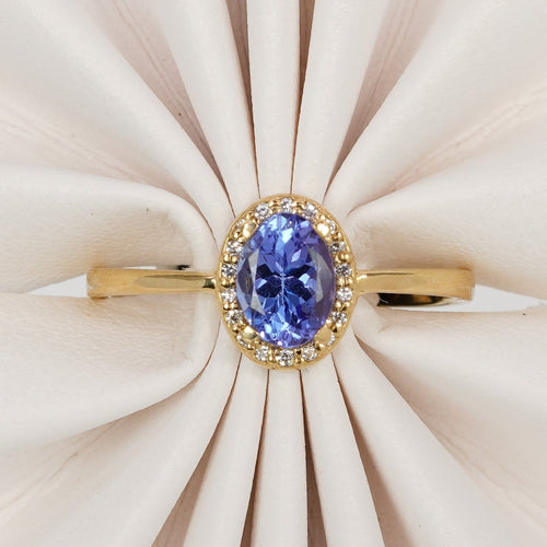 Bague 56 Bague en or jaune 18K avec tanzanite naturelle et diamants 58 Facettes R001