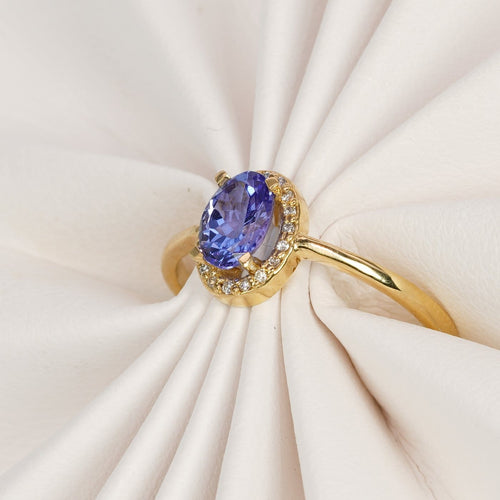 Bague 56 Bague en or jaune 18K avec tanzanite naturelle et diamants 58 Facettes R001
