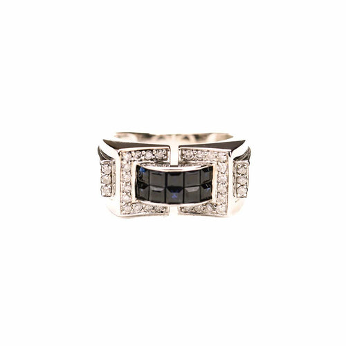 Bague 55 Bague Tank pont en or blanc et saphirs calibrés, diamants 58 Facettes LMB-346