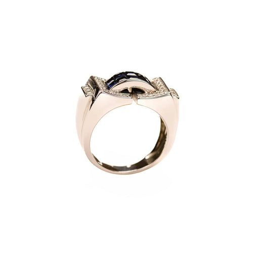 Bague 55 Bague Tank pont en or blanc et saphirs calibrés, diamants 58 Facettes LMB-346
