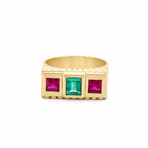 Bague 59 Art déco - Bague large géométrique en or jaune 18k, émeraude et rubis 58 Facettes 50462