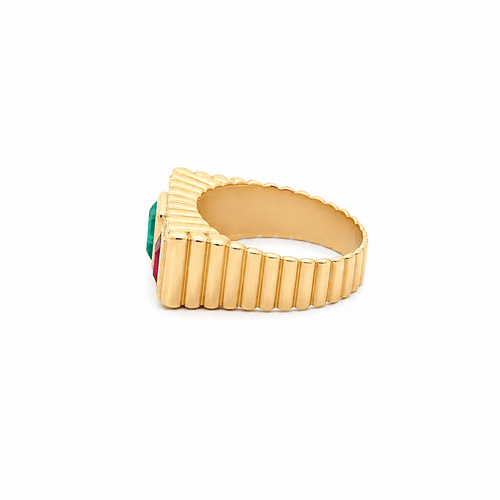 Bague 59 Art déco - Bague large géométrique en or jaune 18k, émeraude et rubis 58 Facettes 50462