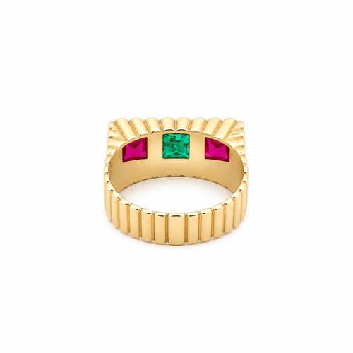 Bague 59 Art déco - Bague large géométrique en or jaune 18k, émeraude et rubis 58 Facettes 50462