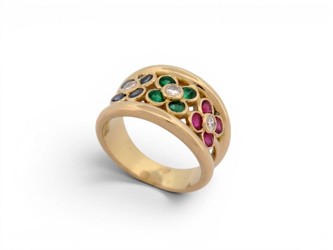 Bague 52 Bague motif fleur en or jaune 18k avec diamants, rubis, émeraudes et saphirs 58 Facettes 274618