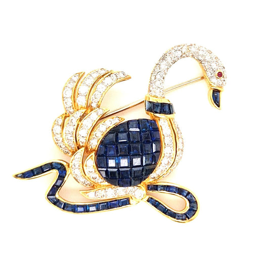 Broche Broche cygne en or jaune 18 carats, diamants et saphirs 58 Facettes broche-0032