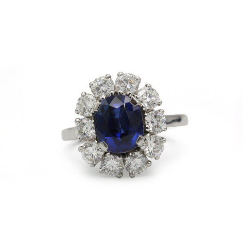 Bague 55 Bague marguerite en or blanc 750 et platine, saphir de Ceylan 2,60 ct 58 Facettes 1391