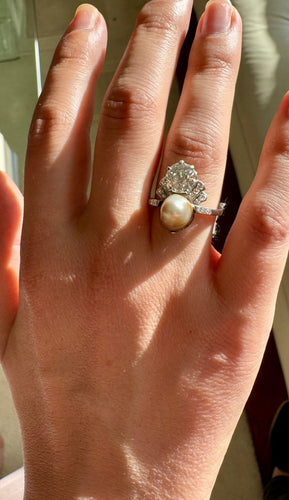 Bague 55 Bague Art déco en platine 950, diamants et perle fine 58 Facettes 1344