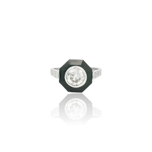 Bague 52.5 Bague Art déco en or blanc 18K, onyx et diamants 58 Facettes