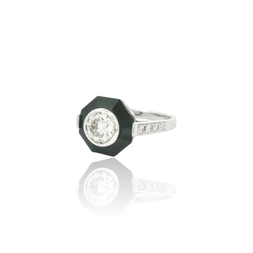 Bague 52.5 Bague Art déco en or blanc 18K, onyx et diamants 58 Facettes