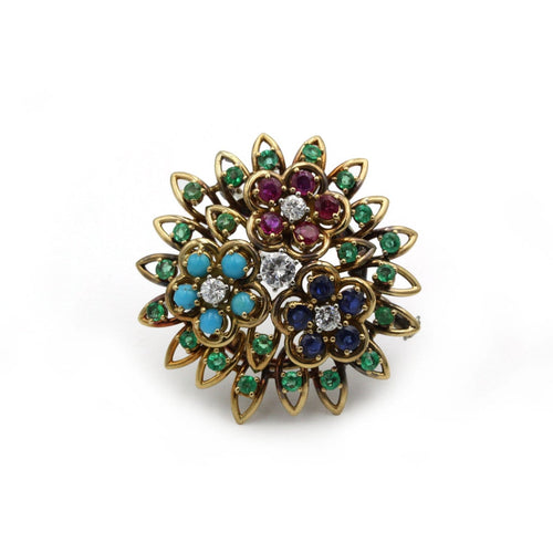 Broche Broche en or jaune 750 avec diamants, rubis, émeraudes, saphirs et turquoises 58 Facettes 1363