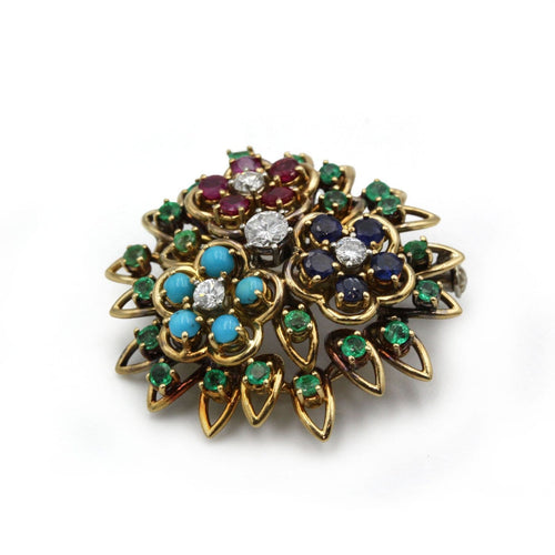 Broche Broche en or jaune 750 avec diamants, rubis, émeraudes, saphirs et turquoises 58 Facettes 1363