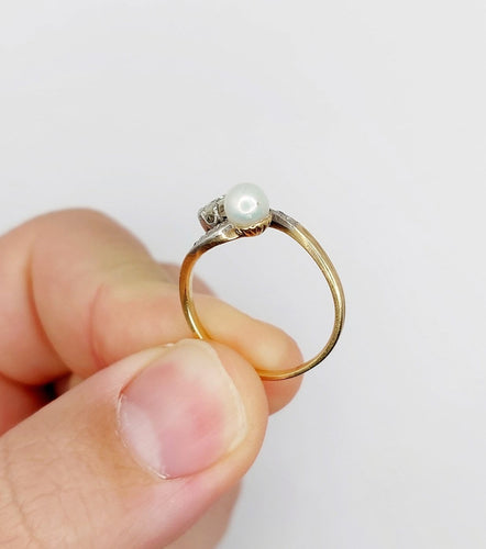Bague 57 Bague toi et moi antique en or 18k et platine, diamant et perle 58 Facettes A07074