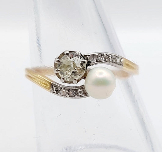 Bague 57 Bague toi et moi antique en or 18k et platine, diamant et perle 58 Facettes A07074