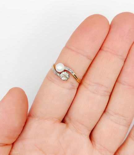 Bague 57 Bague toi et moi antique en or 18k et platine, diamant et perle 58 Facettes A07074