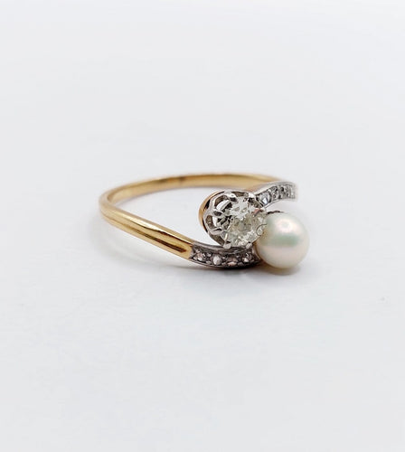 Bague 57 Bague toi et moi antique en or 18k et platine, diamant et perle 58 Facettes A07074
