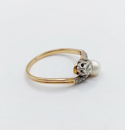 Bague 57 Bague toi et moi antique en or 18k et platine, diamant et perle 58 Facettes A07074