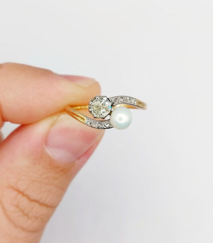 Bague 57 Bague toi et moi antique en or 18k et platine, diamant et perle 58 Facettes A07074
