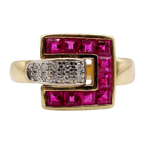 Bague 54.5 Guy Laroche - Bague rétro vintage en or 18k, diamants et rubis synthétiques 58 Facettes A07086