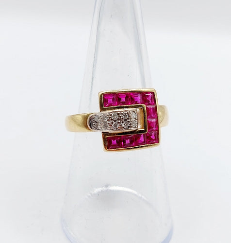 Bague 54.5 Guy Laroche - Bague rétro vintage en or 18k, diamants et rubis synthétiques 58 Facettes A07086