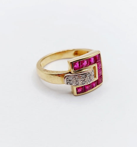 Bague 54.5 Guy Laroche - Bague rétro vintage en or 18k, diamants et rubis synthétiques 58 Facettes A07086
