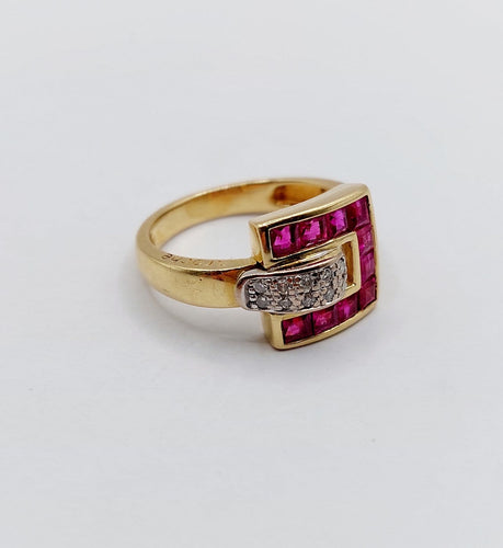 Bague 54.5 Guy Laroche - Bague rétro vintage en or 18k, diamants et rubis synthétiques 58 Facettes A07086