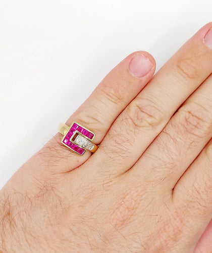 Bague 54.5 Guy Laroche - Bague rétro vintage en or 18k, diamants et rubis synthétiques 58 Facettes A07086