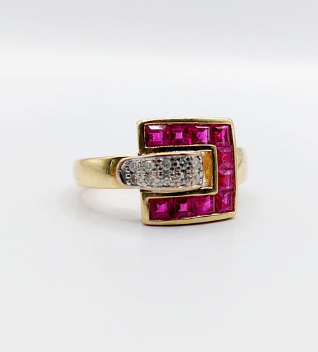 Bague 54.5 Guy Laroche - Bague rétro vintage en or 18k, diamants et rubis synthétiques 58 Facettes A07086