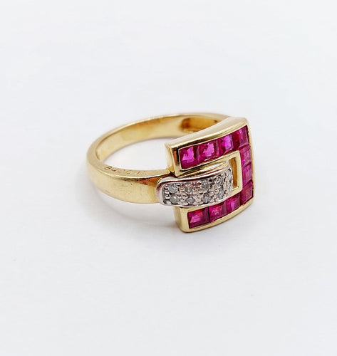 Bague 54.5 Guy Laroche - Bague rétro vintage en or 18k, diamants et rubis synthétiques 58 Facettes A07086