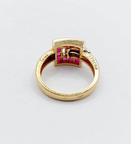 Bague 54.5 Guy Laroche - Bague rétro vintage en or 18k, diamants et rubis synthétiques 58 Facettes A07086