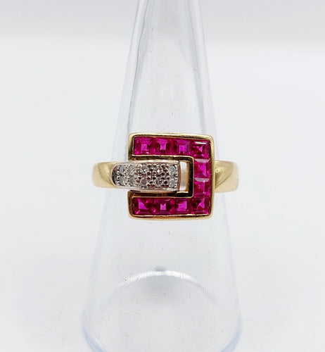 Bague 54.5 Guy Laroche - Bague rétro vintage en or 18k, diamants et rubis synthétiques 58 Facettes A07086