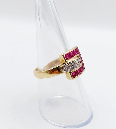 Bague 54.5 Guy Laroche - Bague rétro vintage en or 18k, diamants et rubis synthétiques 58 Facettes A07086