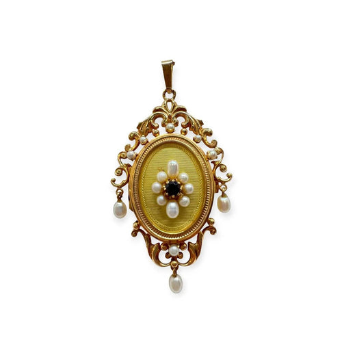 Pendentif Pendentif porte-photo vintage en or jaune 750 avec grenat et perles 58 Facettes 330095585