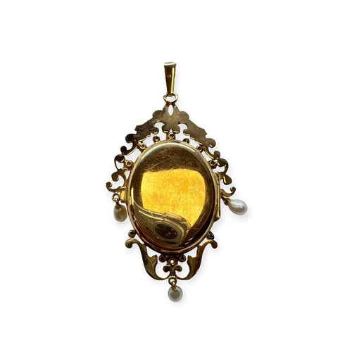 Pendentif Pendentif porte-photo vintage en or jaune 750 avec grenat et perles 58 Facettes 330095585