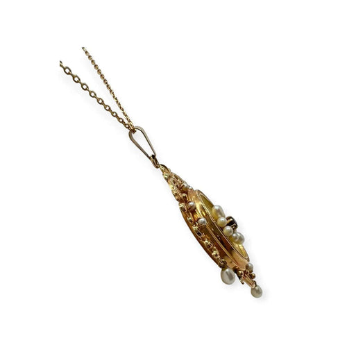 Pendentif Pendentif porte-photo vintage en or jaune 750 avec grenat et perles 58 Facettes 330095585