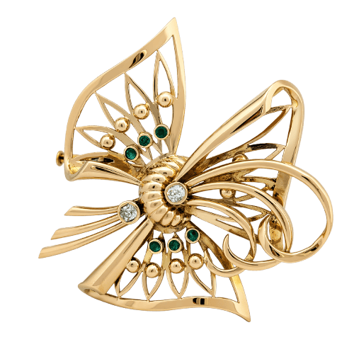 Broche Broche nœud stylisé en or jaune 18 carats, diamants et émeraudes 58 Facettes 36314