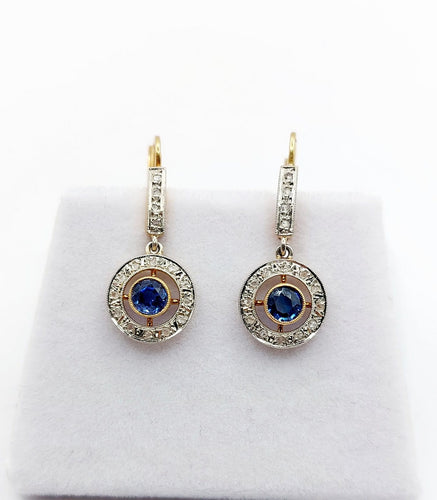 Boucles d'oreilles Dormeuses Art déco en or jaune 18k, saphirs synthétiques et diamants 58 Facettes A07091