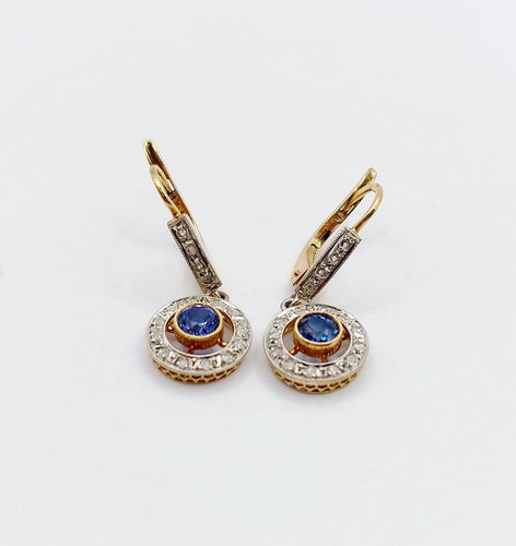 Boucles d'oreilles Dormeuses Art déco en or jaune 18k, saphirs synthétiques et diamants 58 Facettes A07091