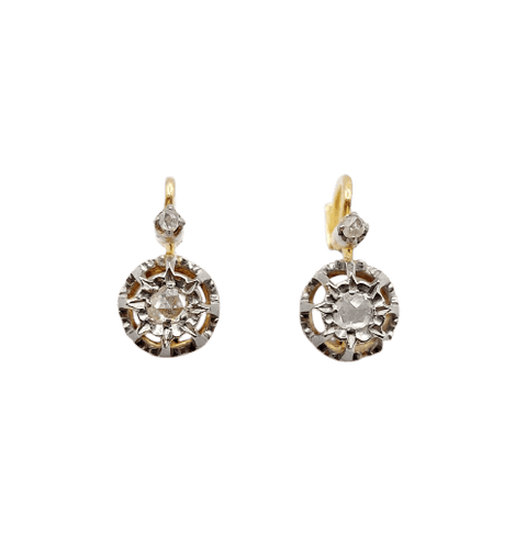 Boucles d'oreilles Dormeuses anciennes en or 18k et platine, diamants taille rose 58 Facettes A07093