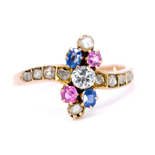 Bague 53 Bague Art nouveau - Cluster en or 14k avec diamants, saphirs, rubis et perles 58 Facettes 3F5425ABC9734D598422D7412A27156B
