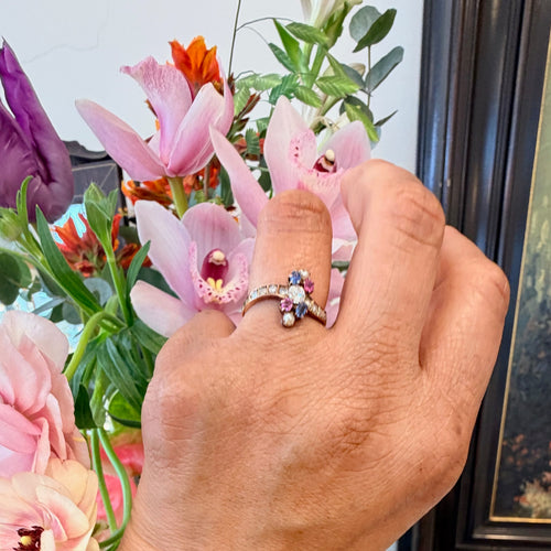 Bague 53 Bague Art nouveau - Cluster en or 14k avec diamants, saphirs, rubis et perles 58 Facettes 3F5425ABC9734D598422D7412A27156B