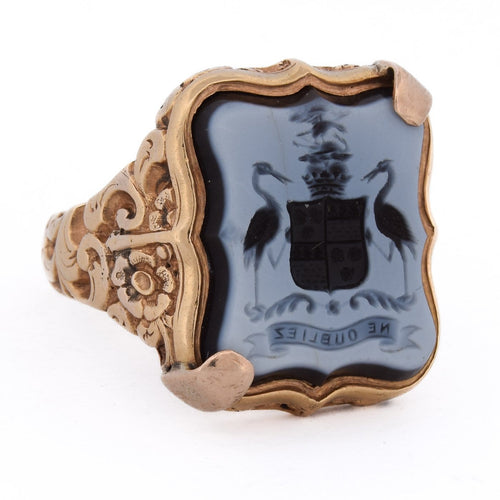 Bague 62 Bague chevalière ancienne - Or jaune 18 ct et sardoine gravée armoiries 58 Facettes AN640 '(04429)