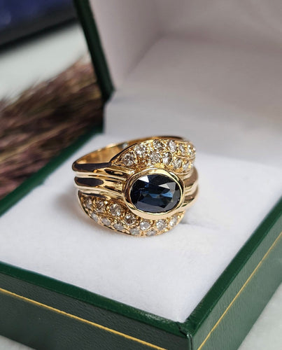 Bague 54 Bague bandeau vintage saphir et diamants en or jaune 18 carats 58 Facettes 695