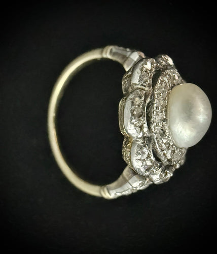 Bague 48.5 Bague Art Nouveau motif floral en or jaune 18 carats, perle et diamants 58 Facettes Bague 002