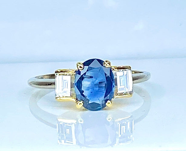 Bague 56 Bague en or 18 carats avec saphir de Ceylan et diamants 58 Facettes AB715