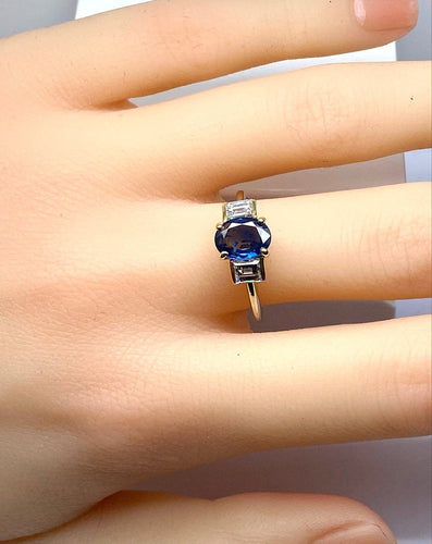 Bague 56 Bague en or 18 carats avec saphir de Ceylan et diamants 58 Facettes AB715