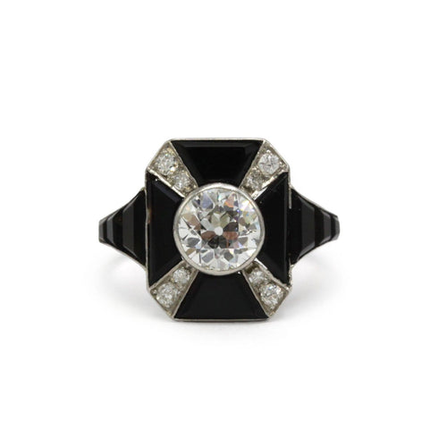 Bague 59 Art déco - Bague géométrique en platine, onyx et diamants 58 Facettes 1401